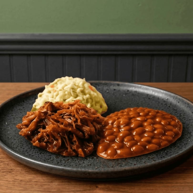 Shelby's Craft BBQ plate with pulled pork, baked beans, and potato salad on a dark plate.