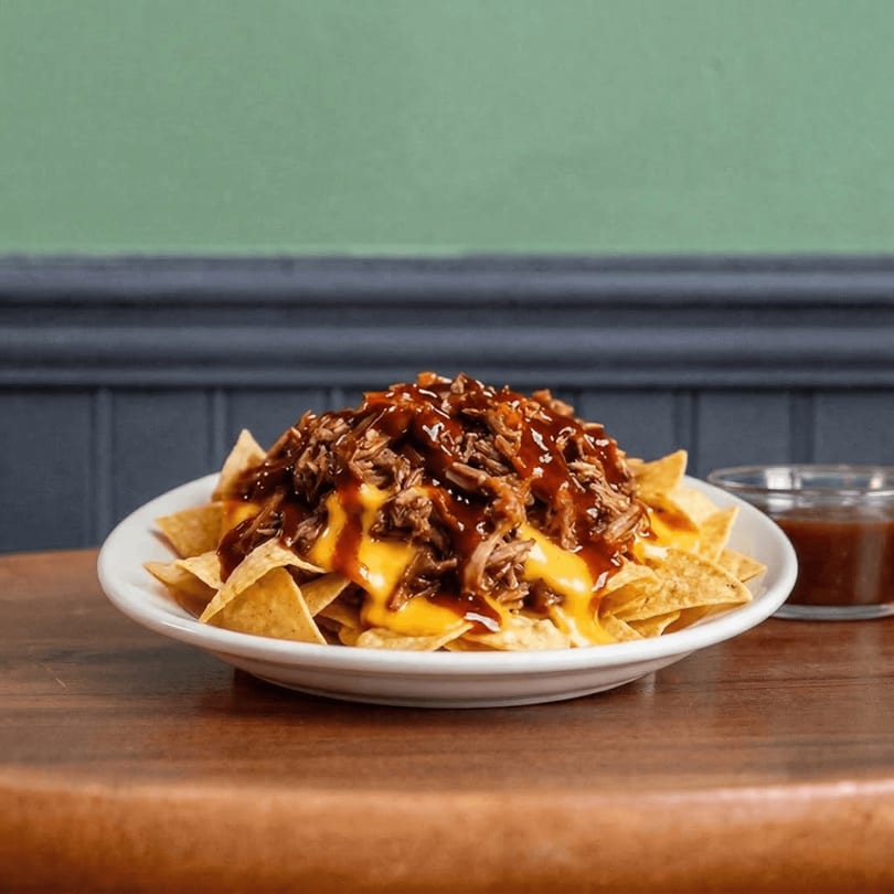 Shelby's Craft BBQ nachos with pulled pork, cheese sauce, and BBQ sauce on a wooden table.