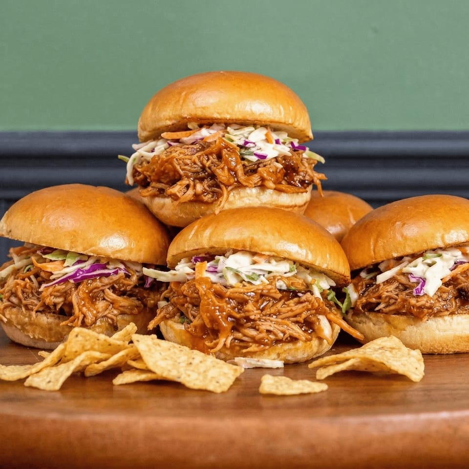 A pile of Shelby's Craft BBQ pulled pork sliders with coleslaw and a side of tortilla chips.